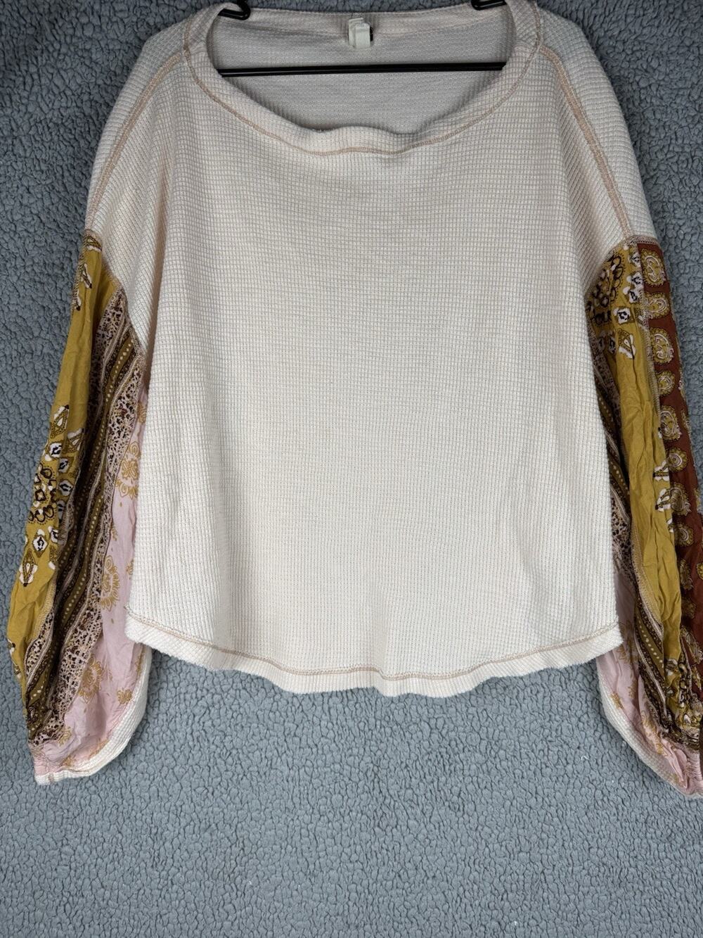 Free People Blossom Waffle Knit Thermal Tunic Size M Boho Balloon Sleeve Hippie